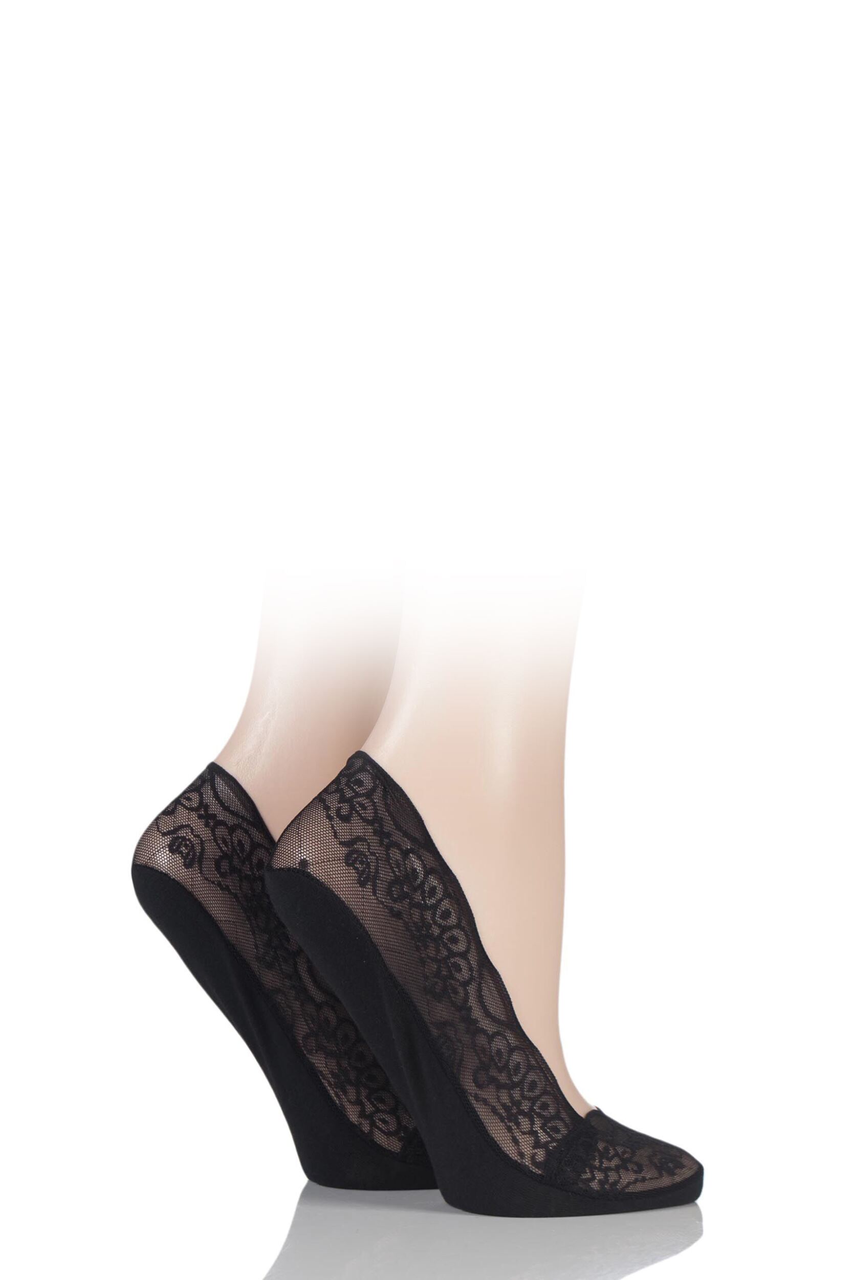 2 Pair Black Lace Shoe Liner Socks with Grip Ladies 4-8 Ladies - Elle