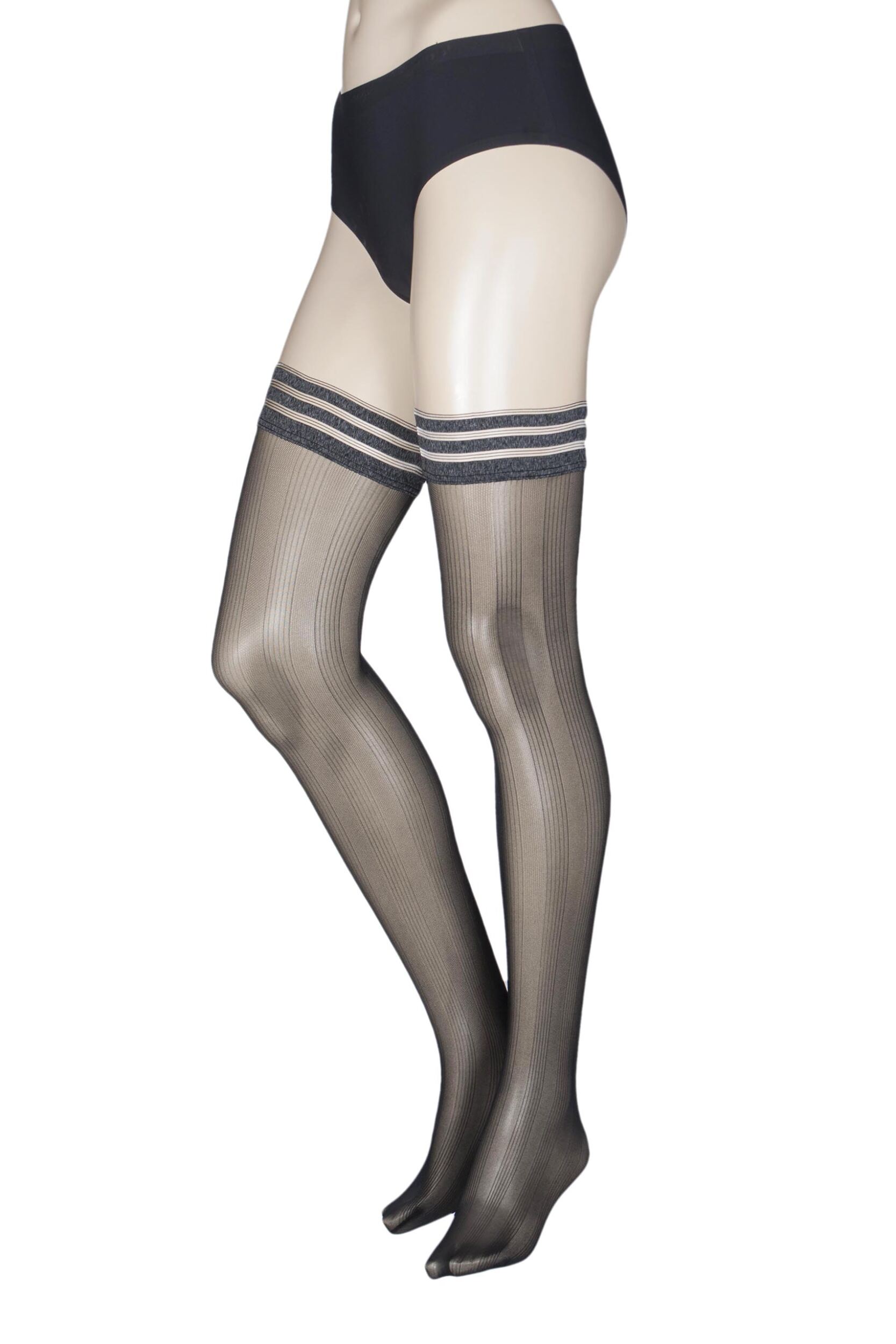 1 Pair Black Soundless Night Striped Top Hold Ups Ladies Small - Falke