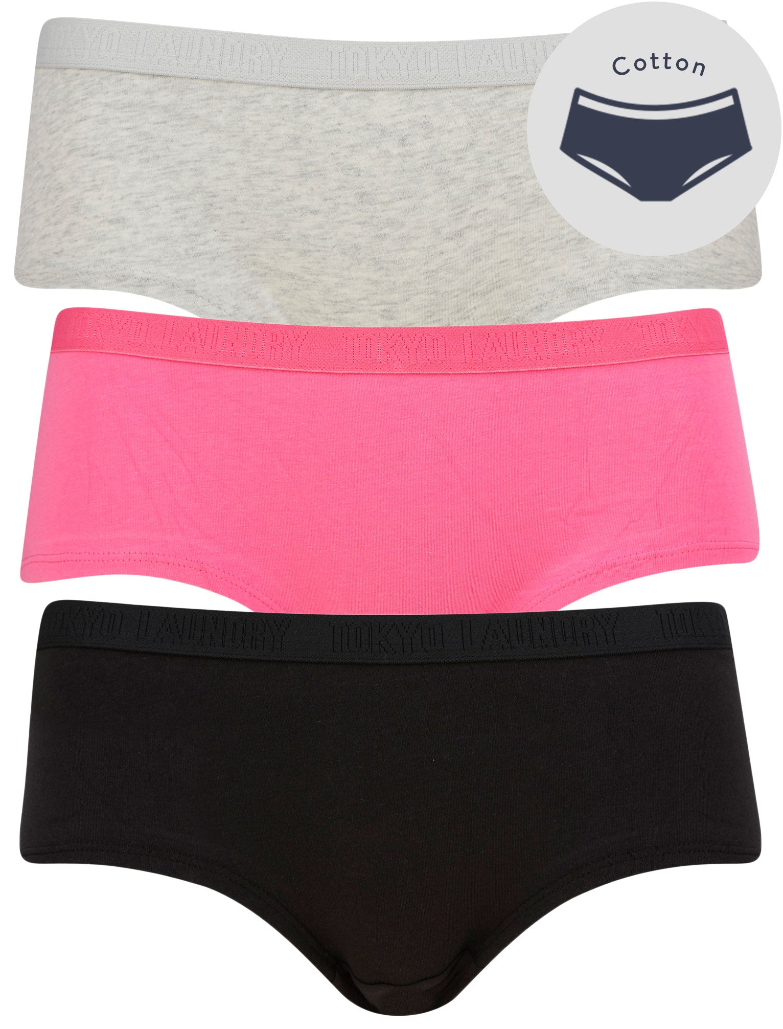 Womens Underwear Betty (3 Pack) Assorted Hipster Briefs in Light Grey Marl / Jet Black / Azalea Pink - Tokyo Laundry / XS - Tokyo Laundry