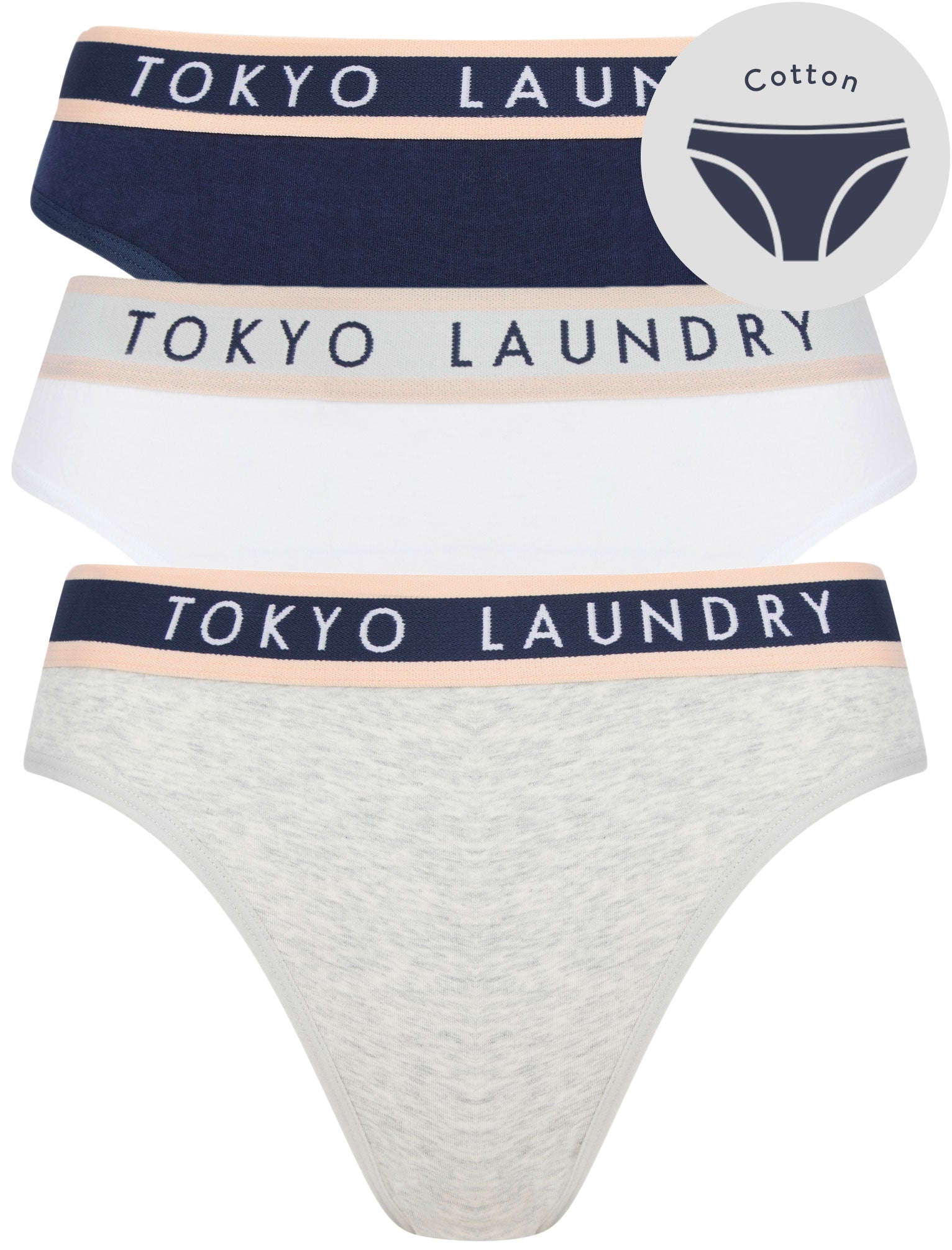 Womens Underwear Dolly (3 Pack) Cotton Assorted Briefs in Light Grey Marl / Bright White / Dress Blue - Tokyo Laundry / XS - Tokyo Laundry