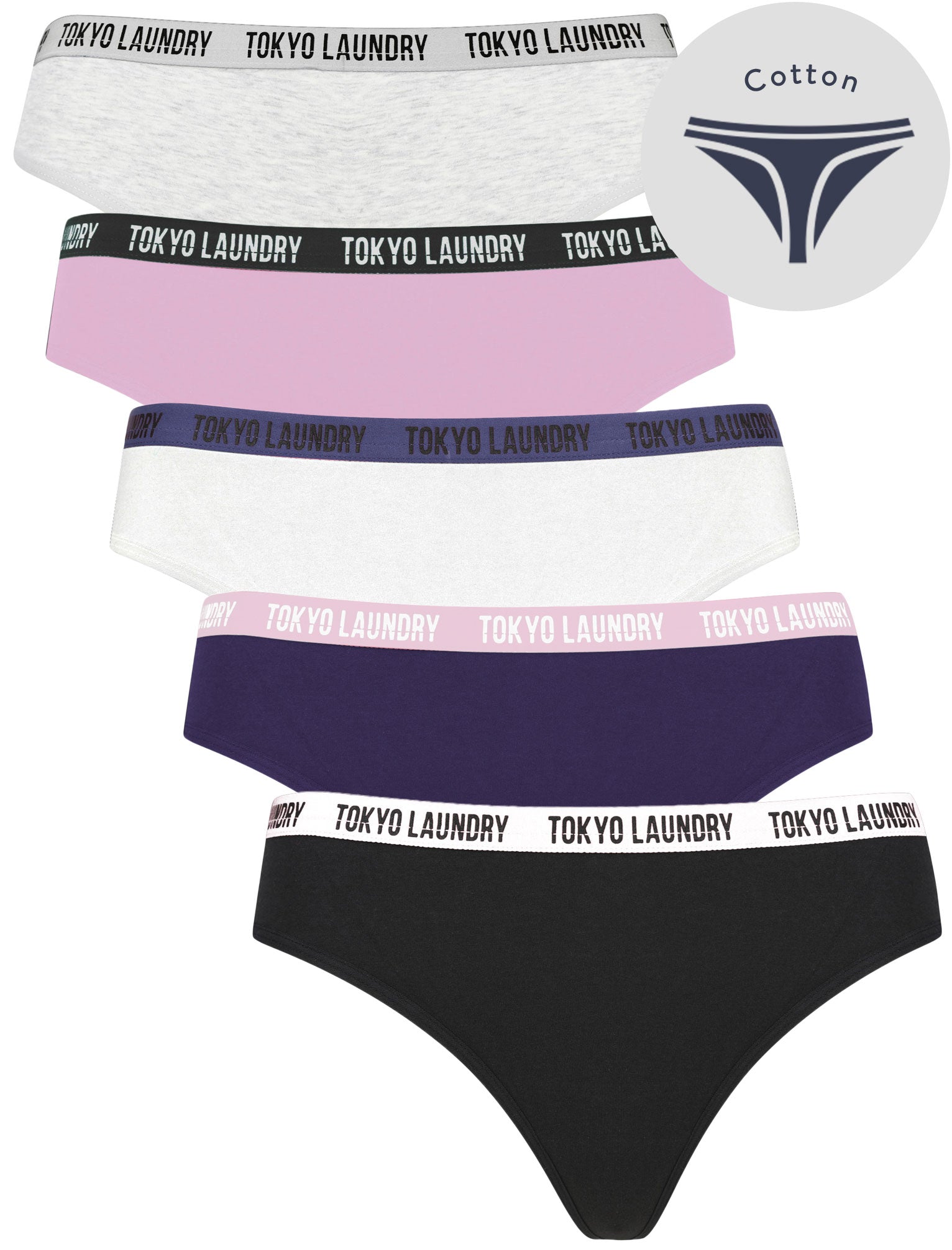 Womens Underwear Ivy (5 Pack) Cotton Assorted Thongs in Light Grey Marl / Winsome Orchid / Bright White / Blue Ribbon / Jet Black - Tokyo Laundry / S - Tokyo Laundry