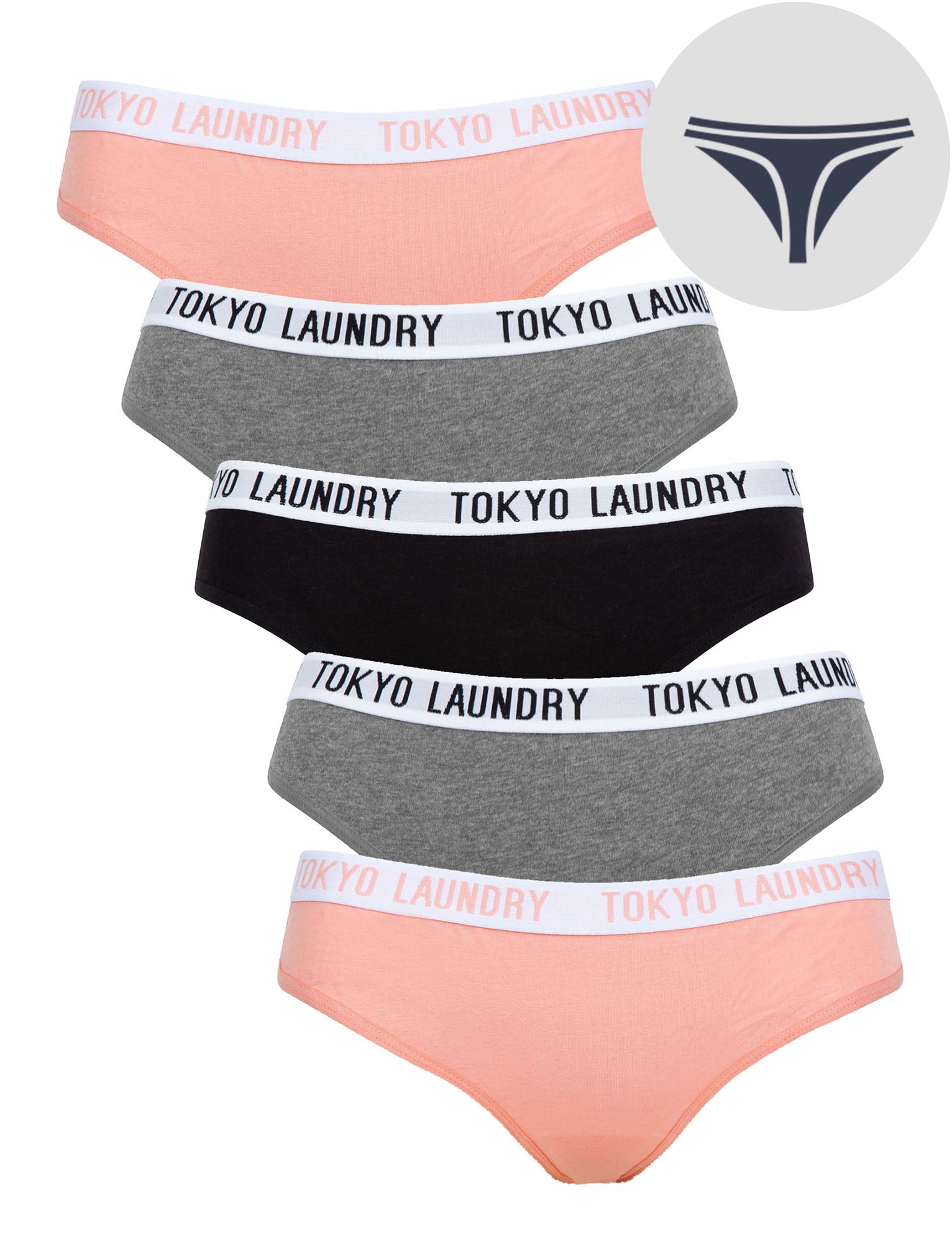 Womens Underwear Milla (5 Pack) Cotton Assorted Thongs in Bridal Rose / Mid Grey Marl / Jet Black - Tokyo Laundry / XS - Tokyo Laundry