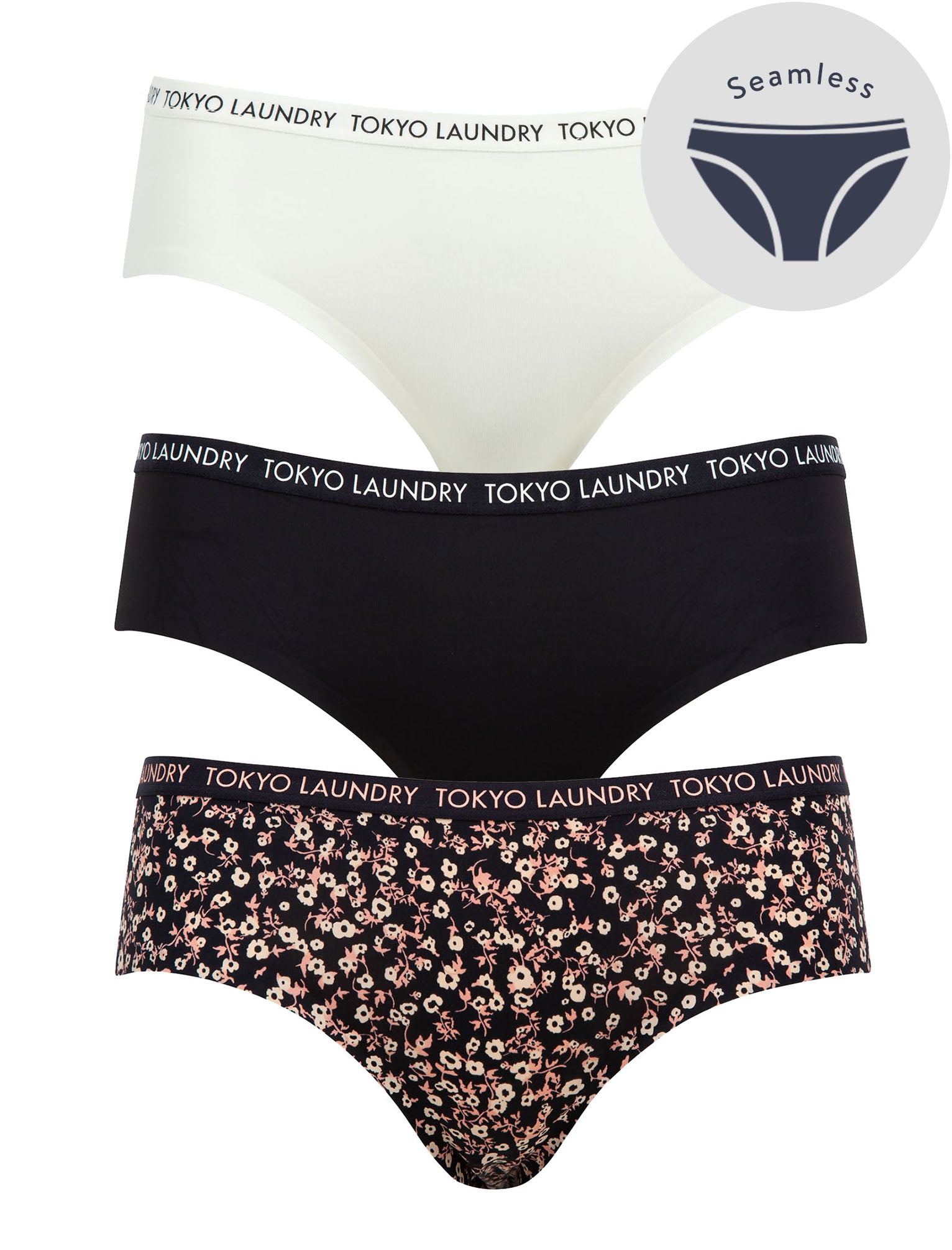 Womens Underwear Minerva (3 Pack) Floral Print No VPL Seam Free Assorted Briefs In Egret Ivory / Jet Black / Dress Blue - Tokyo Laundry / XS - Tokyo Laundry