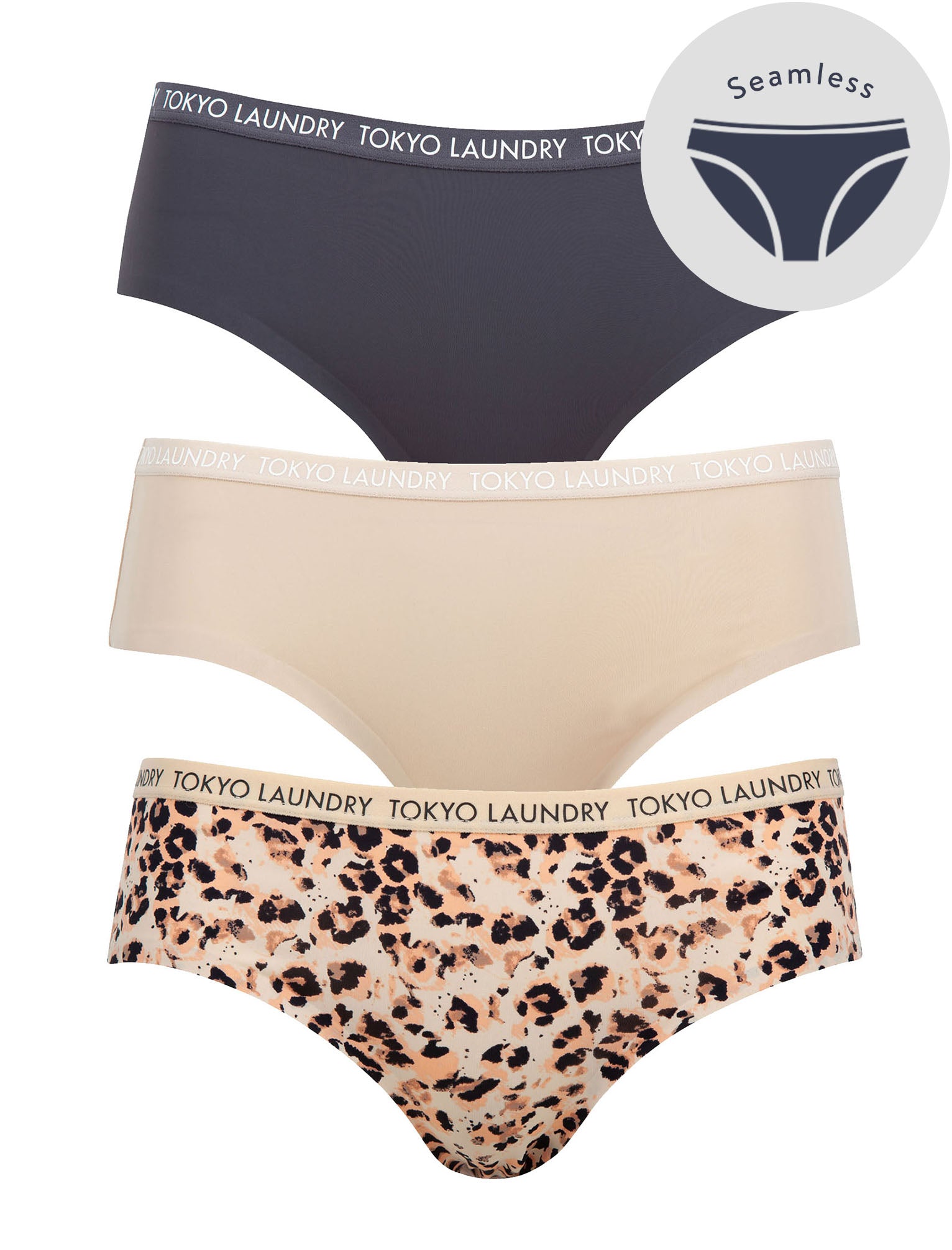 Womens Underwear Moi (3 Pack) Leopard Print No VPL Seam Free Assorted Briefs In Nine Iron / Nude / Appleblossom - Tokyo Laundry / XS - Tokyo Laundry