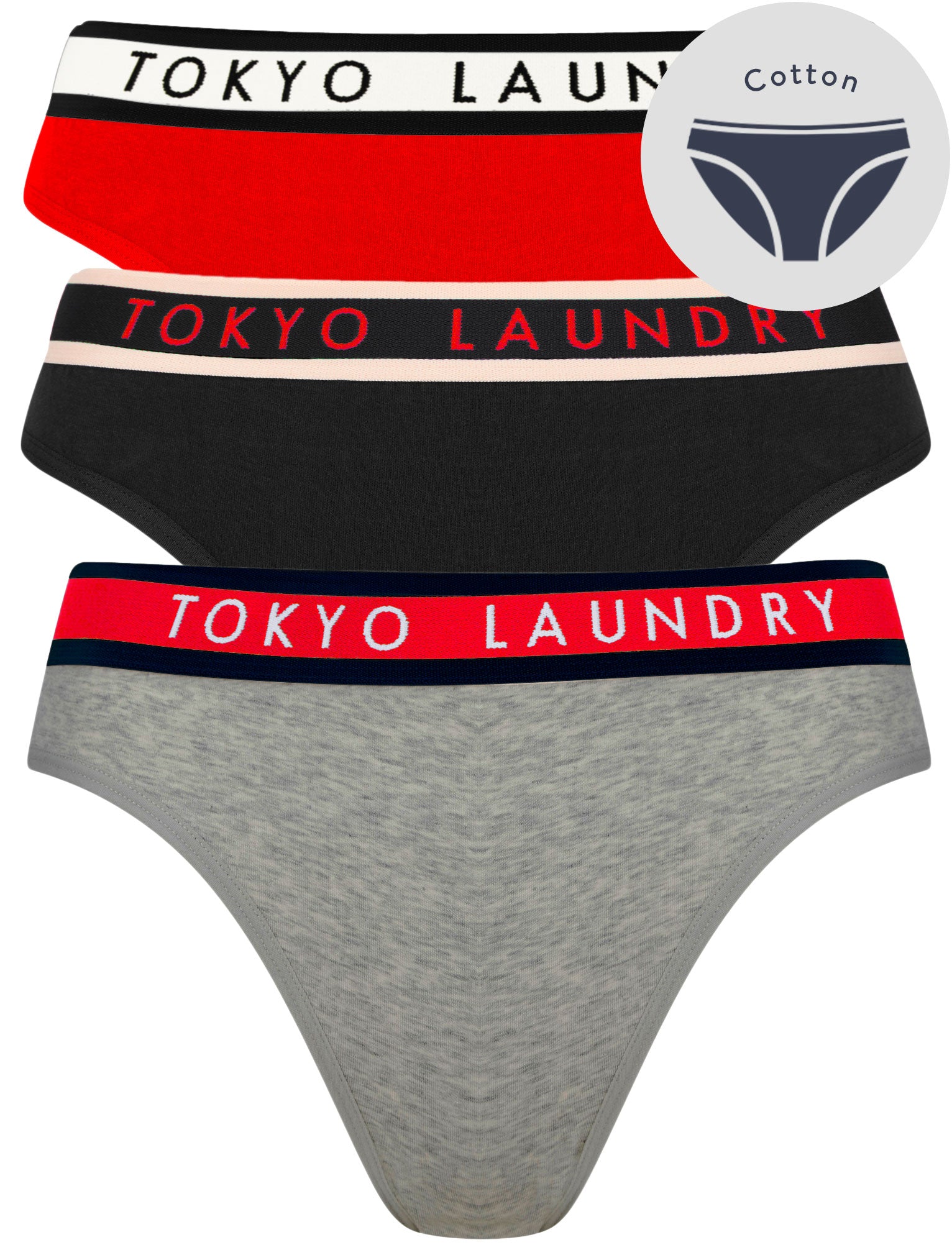 Womens Underwear Shelbie (3 Pack) Cotton Assorted Briefs in Flame Scarlet / Jet Black / Mid Grey Marl - Tokyo Laundry / XS - Tokyo Laundry