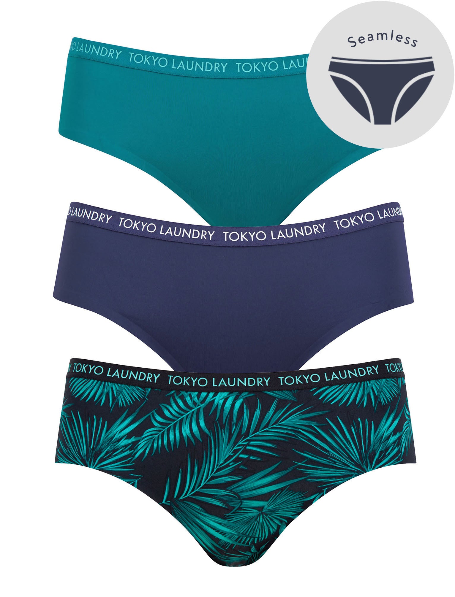 Womens Underwear Zealand (3 Pack) Palm Print No VPL Seam Free Assorted Briefs In Blue Harbour/ Patriot Blue / Dark Navy – Tokyo Laundry / M - Tokyo Laundry