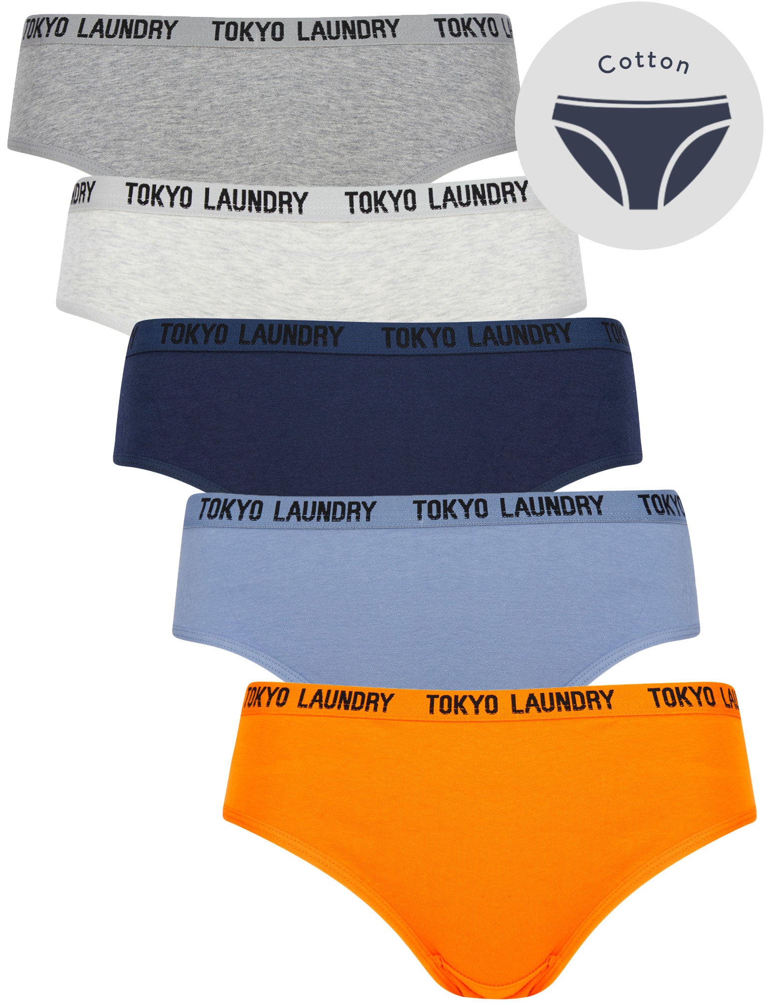 Womens Underwear Trudy (5 Pack) Cotton Assorted Briefs in Amberglow / Infinity / Dress Blue / Light Grey Marl / Mid Grey Marl - Tokyo Laundry / XS - Tokyo Laundry