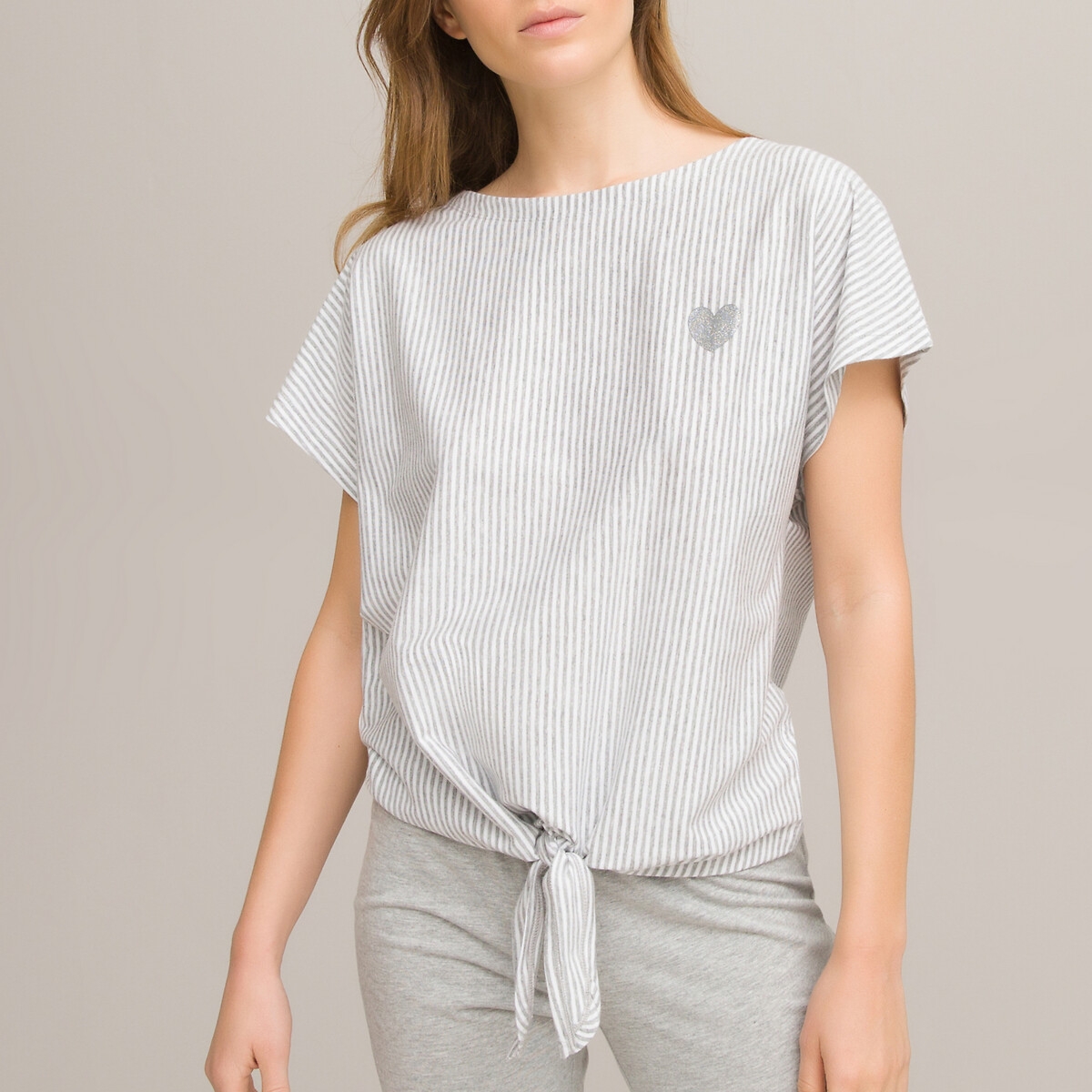 Cotton Cropped Pyjamas with Tie-Hem T-Shirt