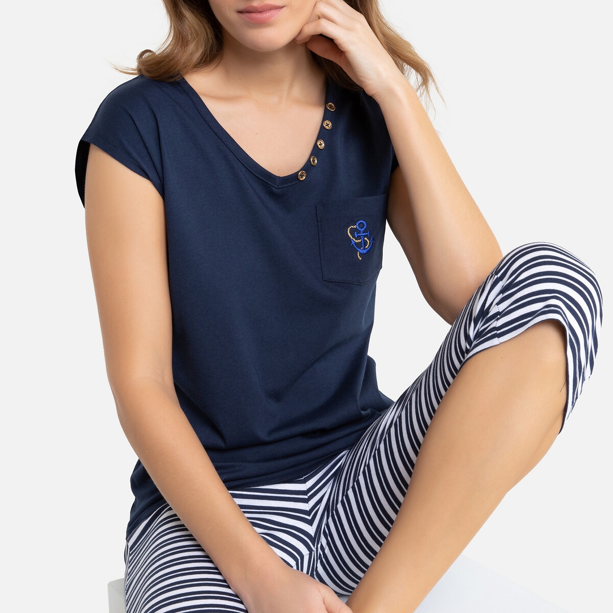 Organic Cotton Cropped Pyjamas with Embroidered Top