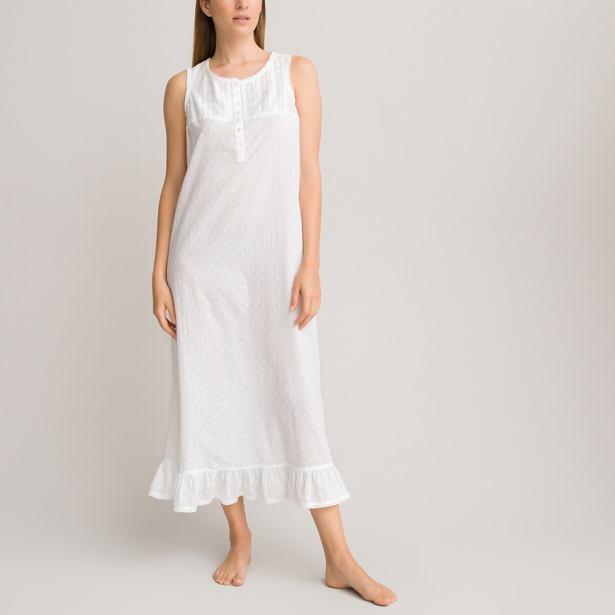 Embroidered Cotton Sleeveless Nightdress with Ruffled Hem