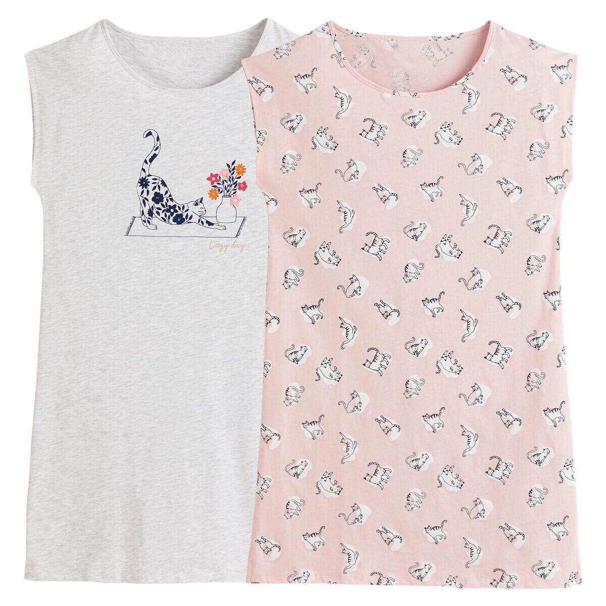 Pack of 2 Sleeveless Nightshirts in Cat Print Cotton
